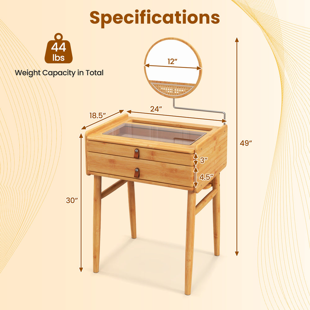 Bamboo makeup vanity table with movable mirror and two storage drawers, ideal for small spaces and stylish organization.