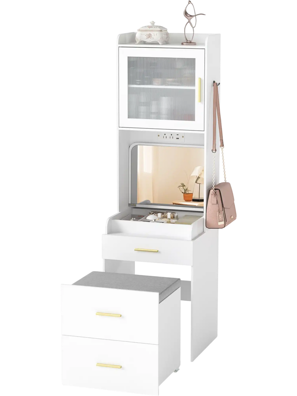 Makeup vanity with flip-top mirror, storage stool, and power outlets in white, featuring elegant design and versatile.