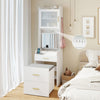 Makeup vanity with flip-top mirror, storage stool, and integrated power outlets, perfect for organizing beauty.