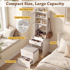 Makeup vanity with flip-top mirror, storage stool, and adjustable shelves, perfect for organizing beauty essentials in.