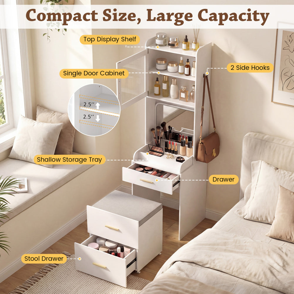 Makeup vanity with flip-top mirror, storage stool, and adjustable shelves, perfect for organizing beauty essentials in.