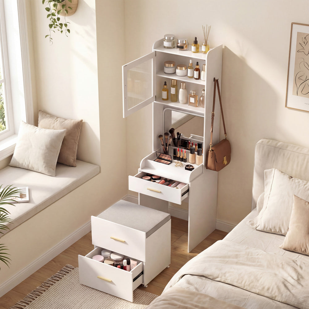 Makeup vanity with flip-top mirror, storage stool, and power outlets, featuring elegant design and versatile.