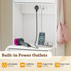 Makeup vanity with integrated power outlets, flip-top mirror, and storage stool for organized beauty essentials.