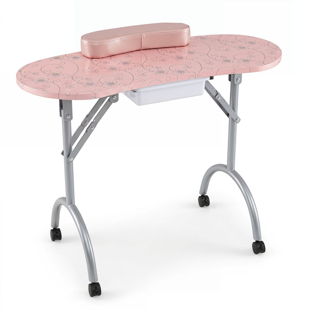 Foldable Portable Manicure Table with Drawer Casters and Cushion-Pink - Gallery View 1 of 1