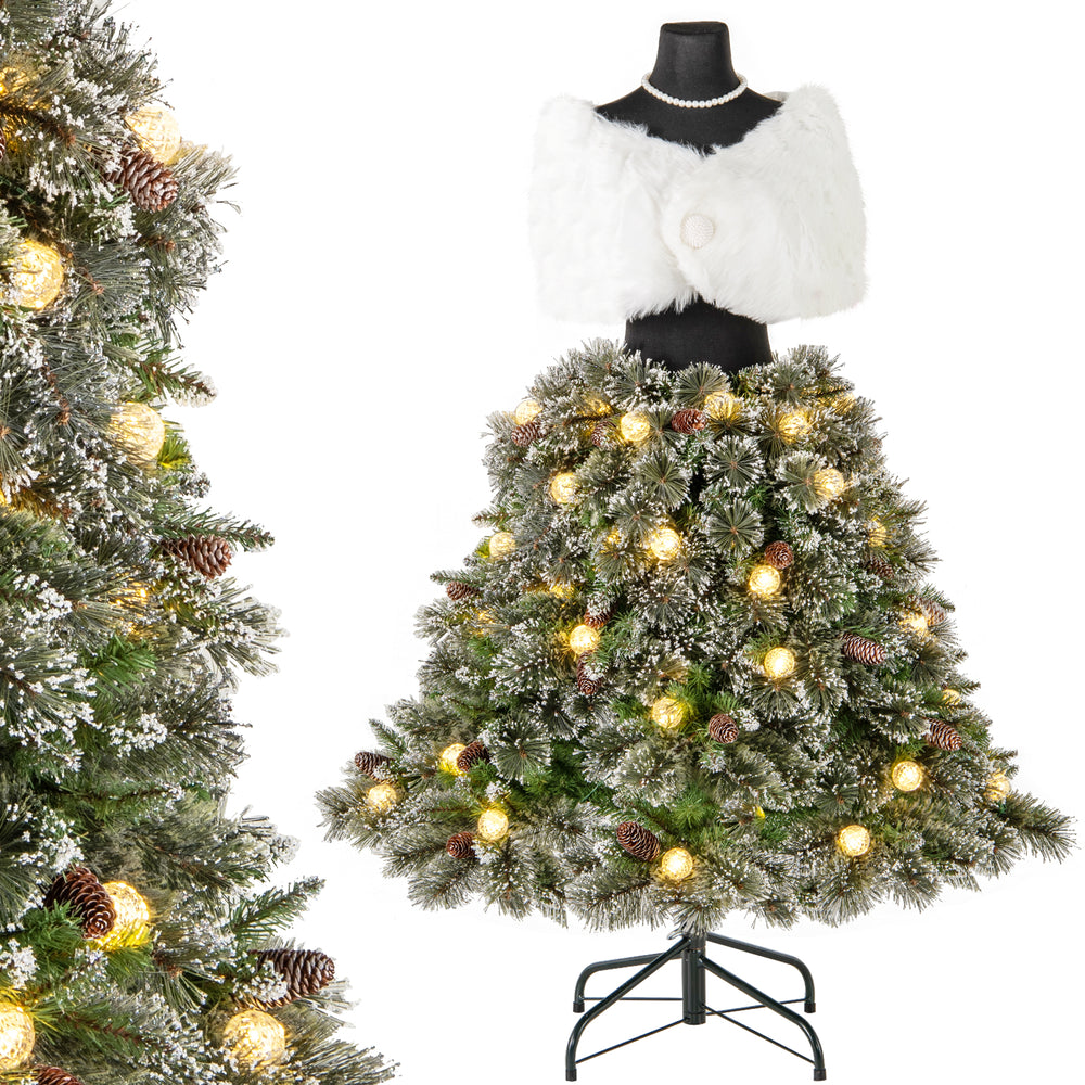5 FT pre-lit mannequin Christmas tree with silver-tipped branches, snowy pine cones, and warm white lights for festive.