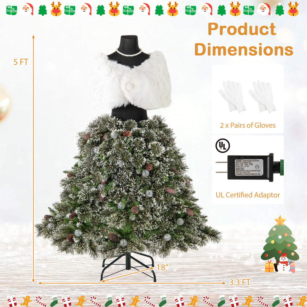 5 FT pre-lit mannequin Christmas tree with silver-tipped branches, snowy pine cones, and detachable trunks for festive.