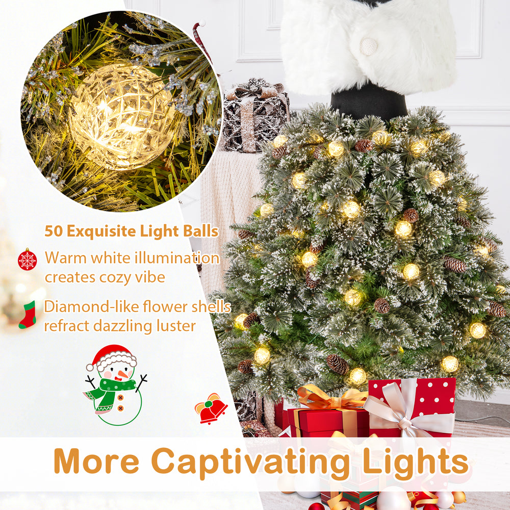 5 FT pre-lit mannequin Christmas tree with 50 warm white light balls and snowy pine cones for festive decoration.