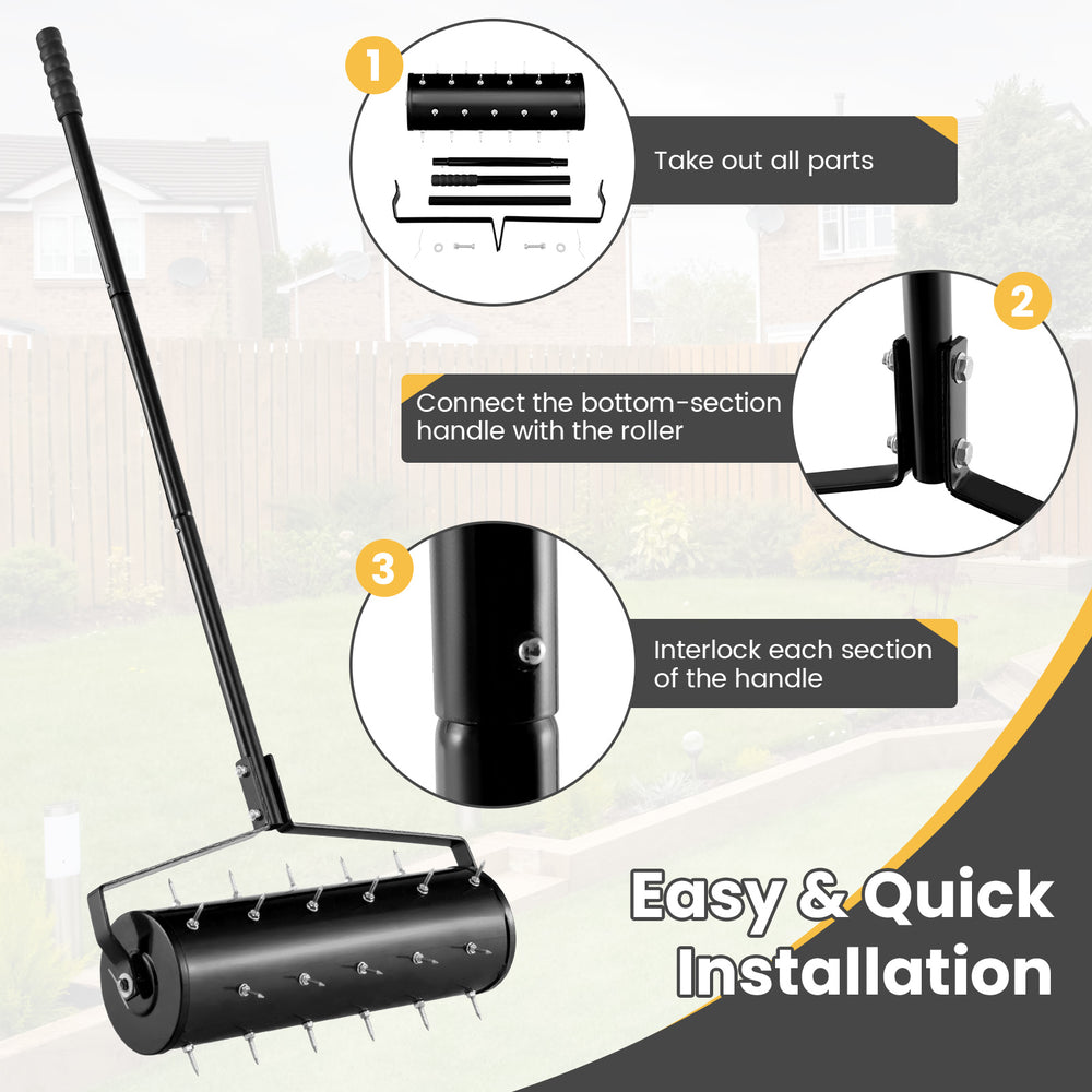 Detachable handle of a 21-inch manual lawn aerator, featuring spring button for quick assembly and ease of use.