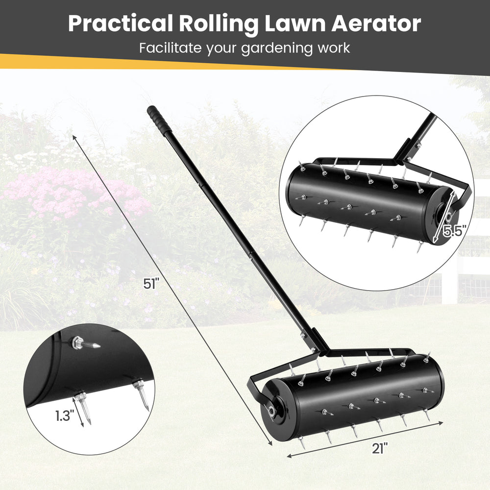 Manual lawn aerator with 27 galvanized steel spikes, 21-inch width, and 51-inch handle for easy soil loosening.