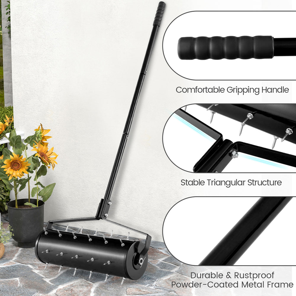 Manual lawn aerator with 27 galvanized steel spikes, durable metal frame, and comfortable handle for easy soil.