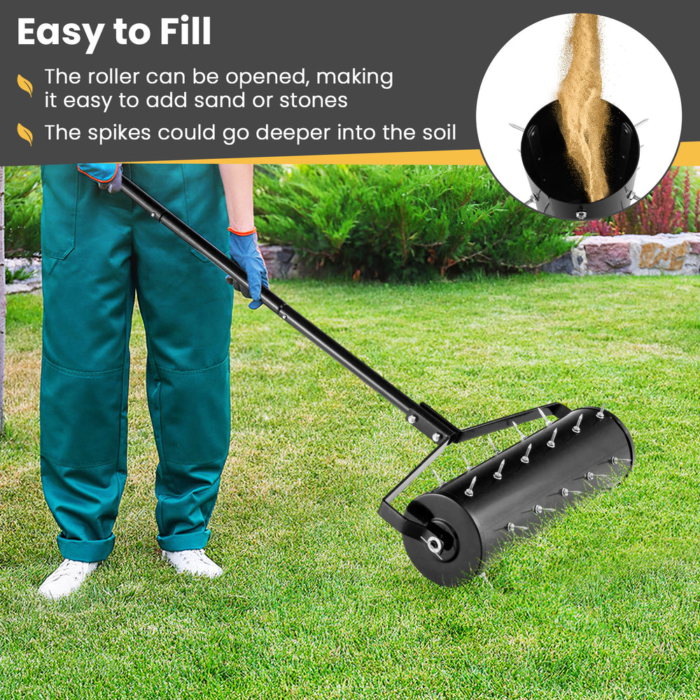 Close-up of the 21-inch manual lawn aerator's spikes, showcasing rustproof design for effective soil penetration and.
