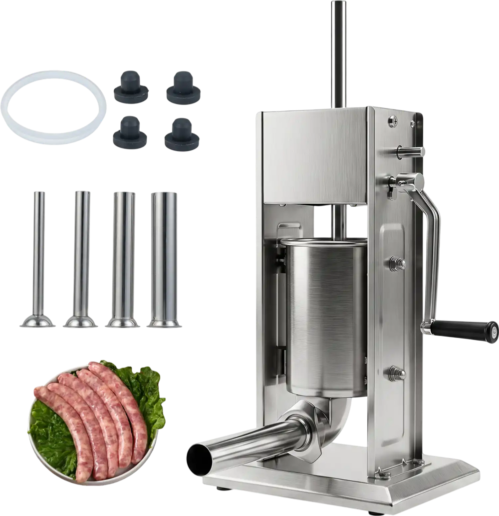 Manual sausage stuffer with 2 speeds, 4 stuffing tubes, and a large capacity for home and commercial use.