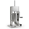 Manual sausage stuffer with stainless steel design, 2 speeds, 4 stuffing tubes, and air exhaust valves for bubble-free sausages.