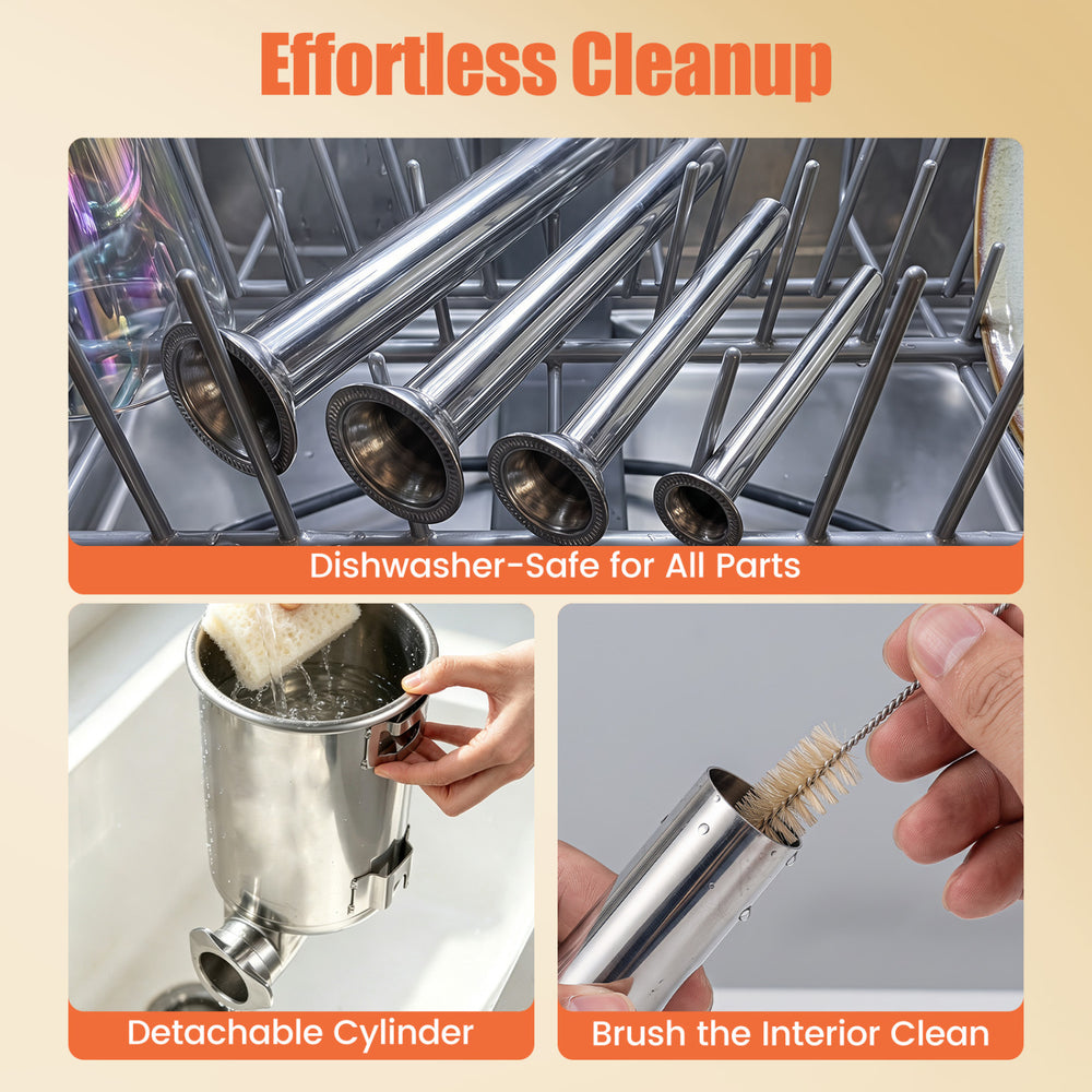 Dishwasher-safe stainless steel tubes and detachable cylinder for easy cleaning of the manual sausage stuffer.