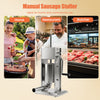 Manual sausage stuffer with 2 speeds and 4 stuffing tubes, ideal for home and commercial use in restaurants and butcher shops.
