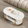 White faux marble coffee table with gold metal frame and open storage shelf, ideal for modern living rooms.