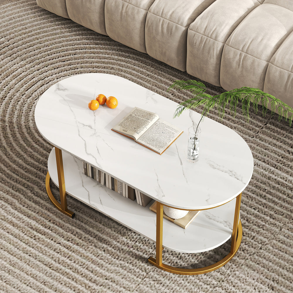 White faux marble coffee table with gold metal frame and open storage shelf, ideal for modern living rooms.