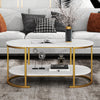 Oval marble coffee table showcasing a white faux marble finish and gold metal frame, perfect for stylish living room.