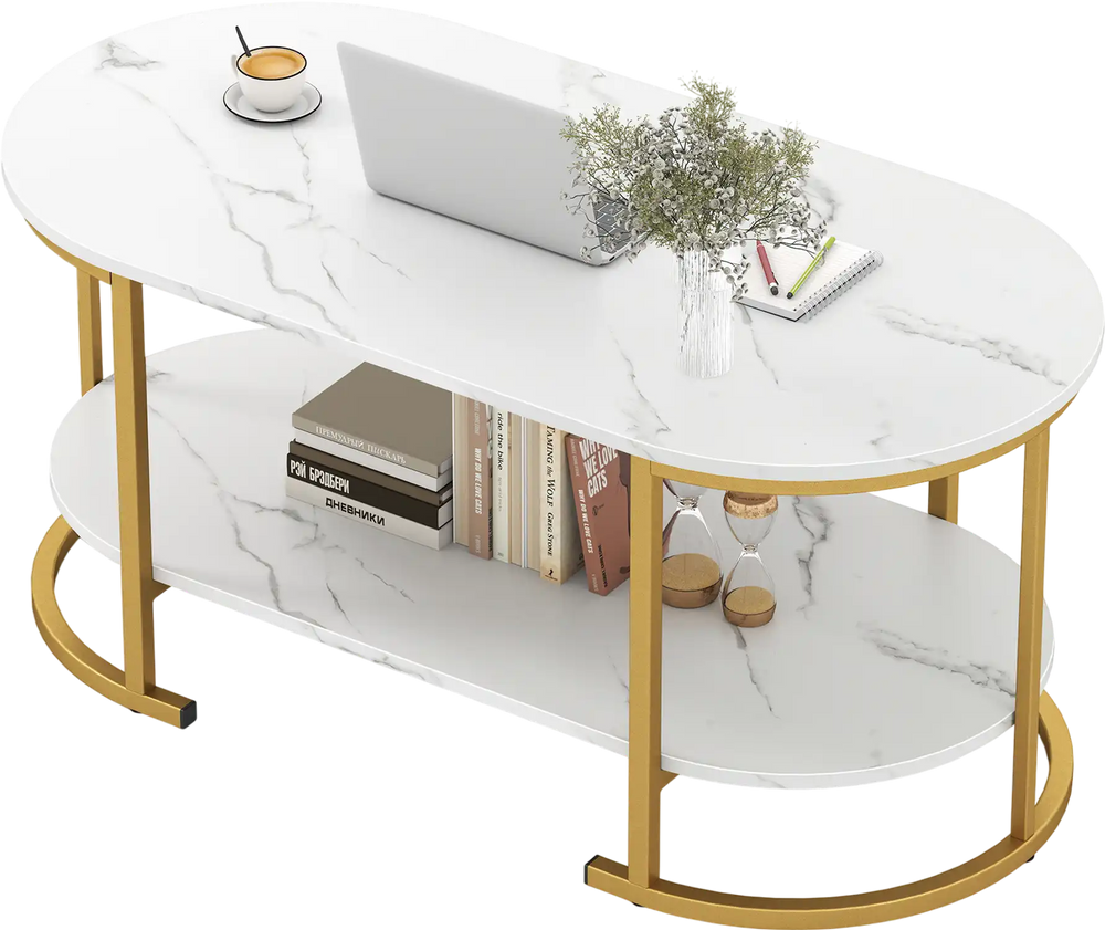 White faux marble coffee table with gold metal frame and open storage shelf, ideal for living room or office use.