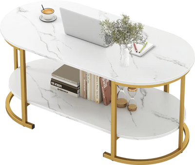 Costway Marble Coffee Table w/ Open Storage Shelf 91563827 New