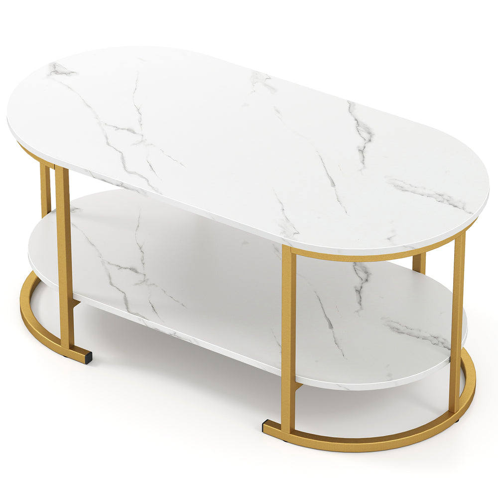 White faux marble coffee table with gold metal legs and open storage shelf, perfect for modern living rooms.