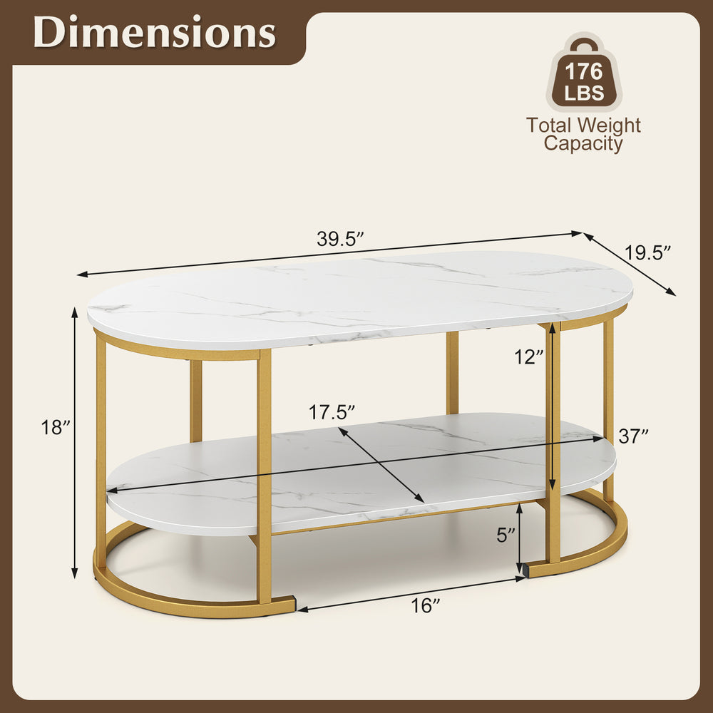 White faux marble coffee table with gold metal frame, featuring a 2-tier shelf for storage and modern design dimensions.