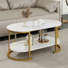 Elegant oval coffee table with white faux marble top and gold metal legs, offering stylish storage for any living space.
