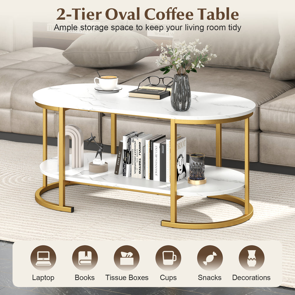 Oval coffee table with white faux marble top and gold metal frame, featuring a 2-tier shelf for stylish storage.