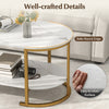 Close-up of the white faux marble surface on the coffee table, highlighting the safe round edge and easy-to-clean.