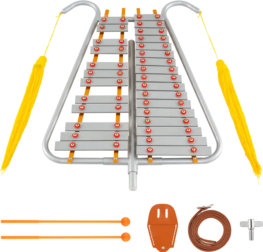 Marching Glockenspiel with 29 aluminum keys, adjustable length, and removable tassels, ideal for marching bands and.