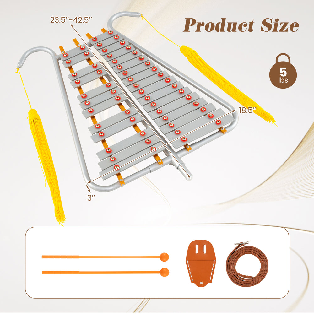 Marching Glockenspiel with 29 aluminum keys, adjustable length, and included mallets, ideal for performances and events.