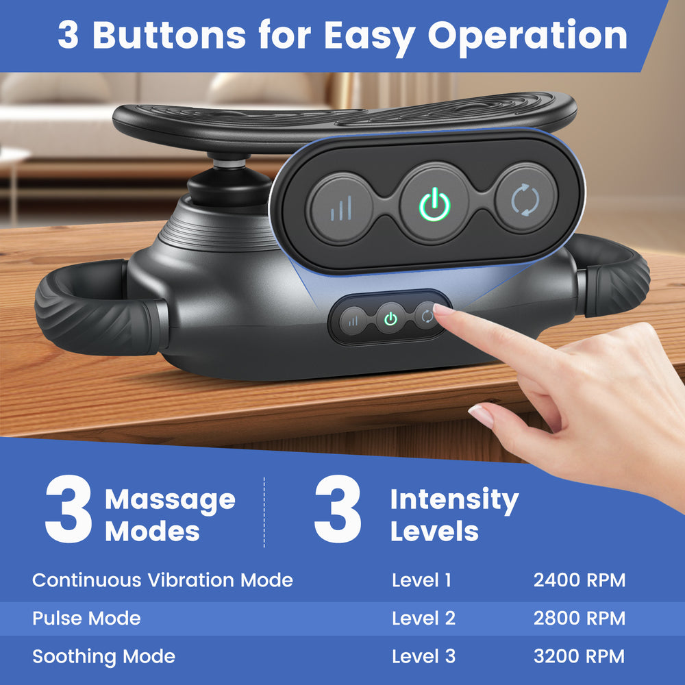 Massage gun with control buttons, featuring 3 massage modes and intensity levels for deep tissue relief.
