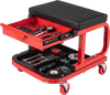 Mechanic rolling stool in red with magnetic drawer, tool trays, and PU leather upholstery for garage or workshop use.
