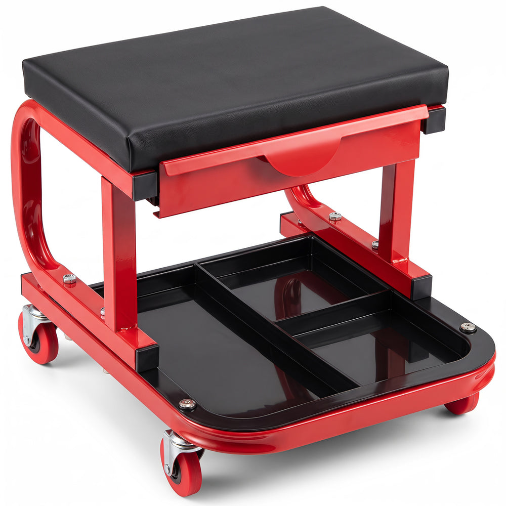 Mechanic rolling stool in red with PU leather upholstery, tool trays, and magnetic drawer for garage convenience.