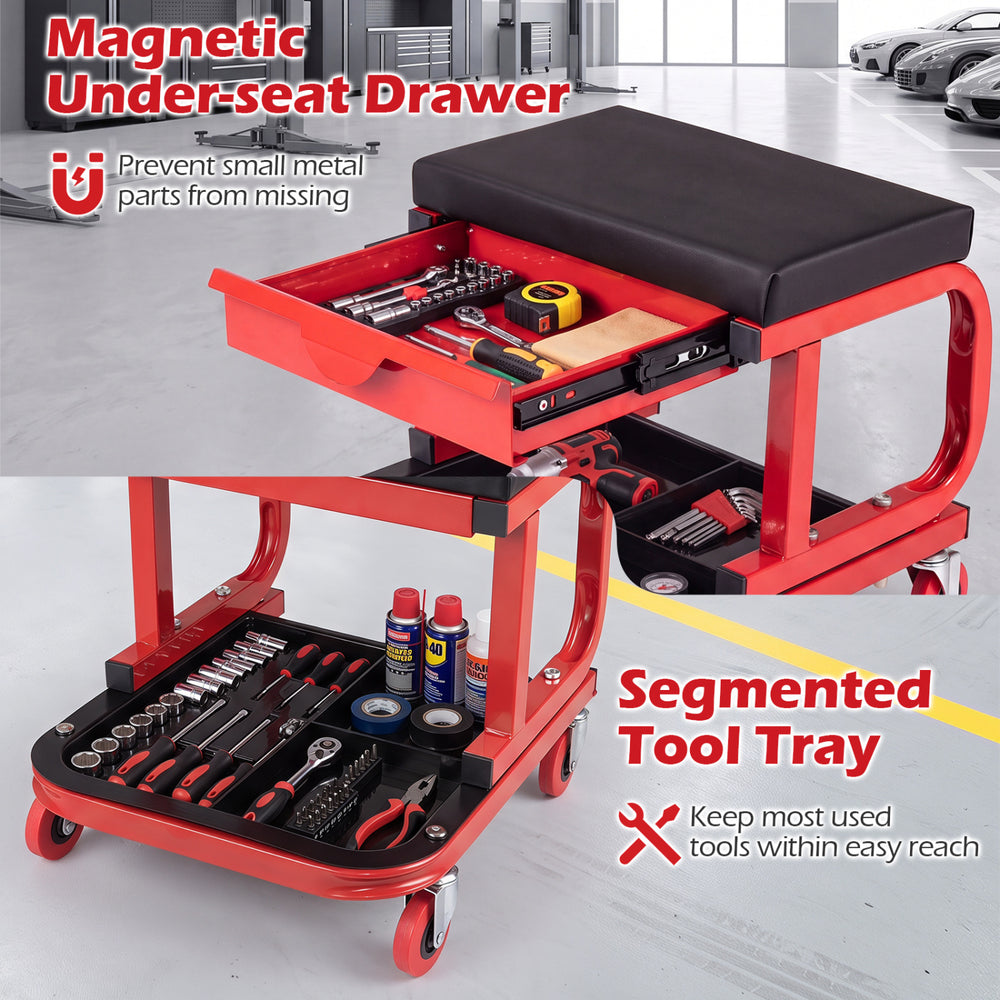 Mechanic rolling stool in red with a magnetic under-seat drawer and segmented tool tray for easy access to tools.