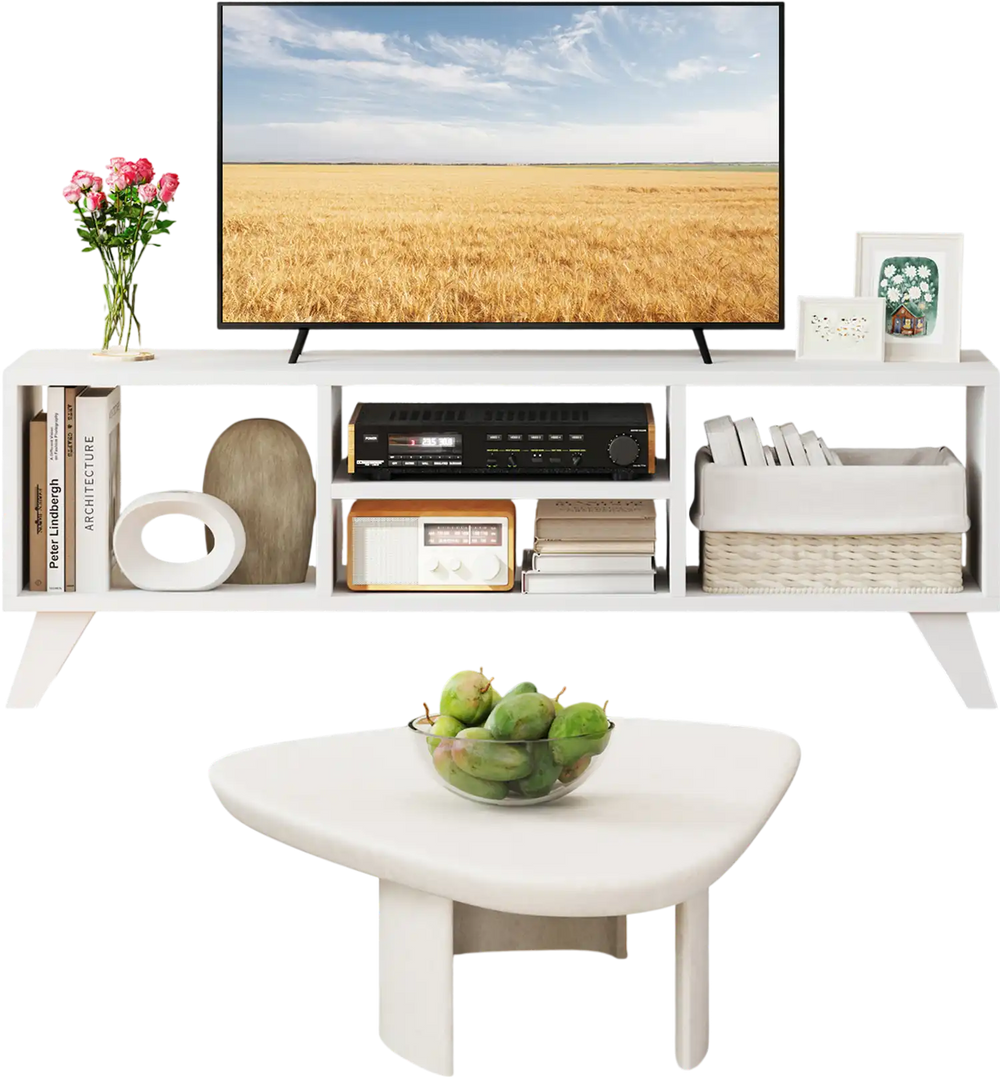 Close-up of the white media TV console table's textured surface, showcasing its modern design and stability with raised.