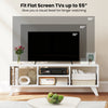 Media TV console table in white showcasing TV sizes up to 55", featuring open compartments and raised support legs.