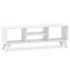 White media TV console table with raised support legs, featuring 4 open compartments for storage and modern design.