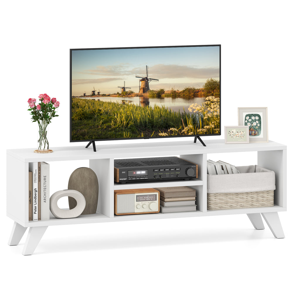 Media TV console table in white with raised support legs, featuring open compartments for storage and modern design.