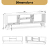 Dimensions of the white Media TV Console Table with raised support legs, featuring 4 open compartments for storage.