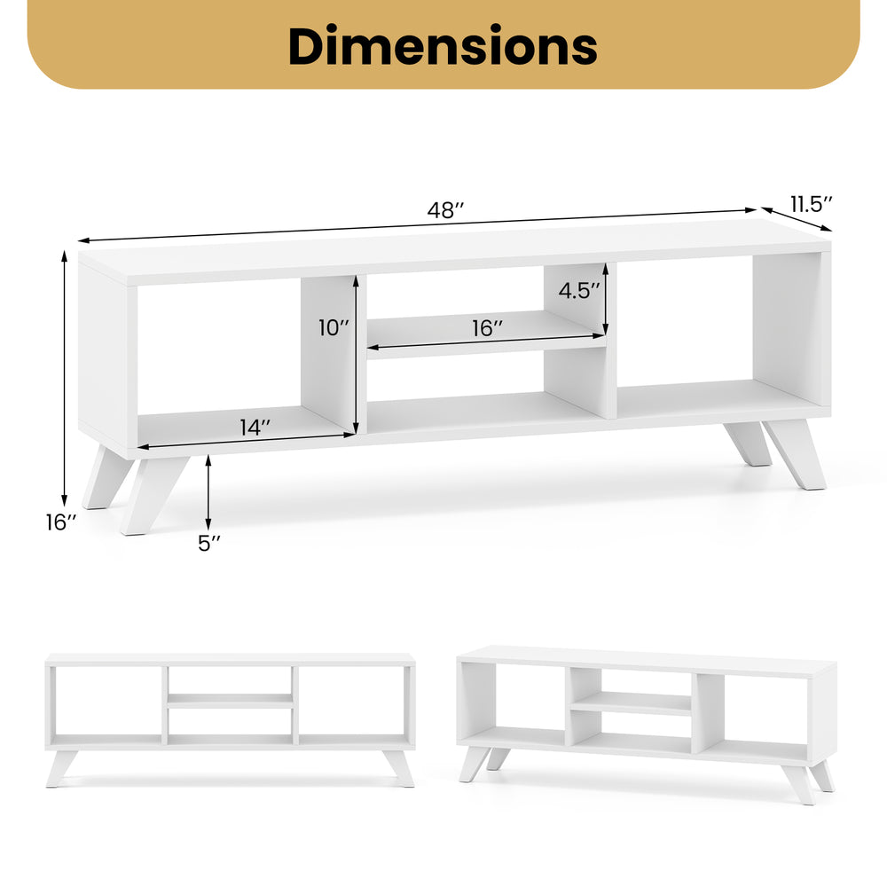 Dimensions of the white Media TV Console Table with raised support legs, featuring 4 open compartments for storage.