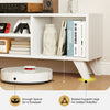Media TV console table in white with raised support legs, offering 5" clearance for a sweeper and spacious storage.
