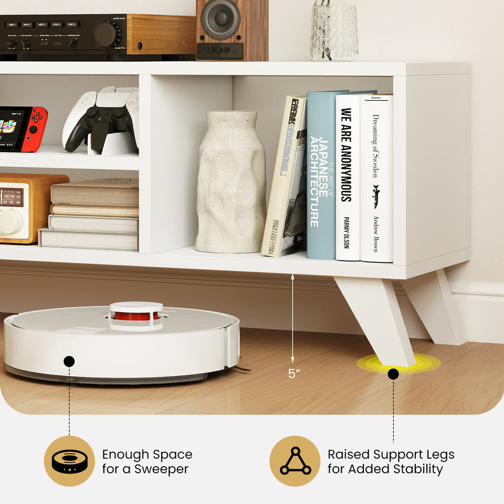 Media TV console table in white with raised support legs, offering 5" clearance for a sweeper and spacious storage.