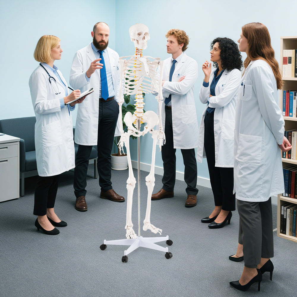 Life-size human skeleton model, 70.8 inches tall, made of PVC with movable jaw and detachable skull cap for anatomy.