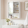 White medicine cabinet with mirror and LED lights, featuring shelves with toiletries, ideal for bathroom organization.