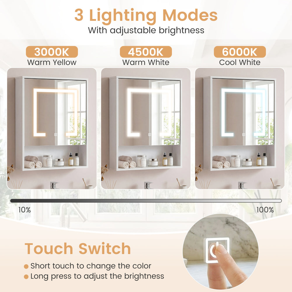 Medicine cabinet with mirror showcasing three adjustable LED light modes: warm yellow, warm white, and cool white.