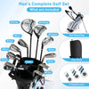 Men's complete golf clubs and bag set featuring a #1 driver, #3 fairway, #5 hybrid, and lightweight golf bag for easy.