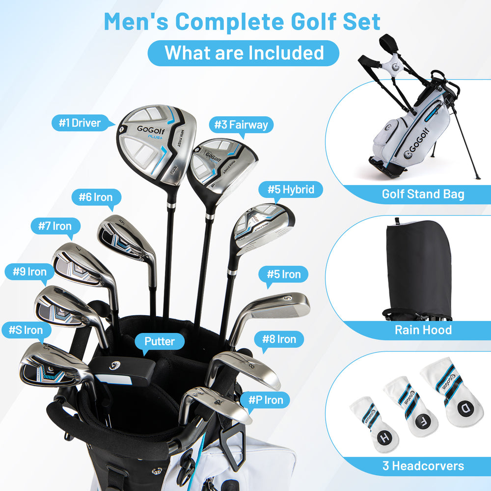 Men's complete golf clubs and bag set featuring a #1 driver, #3 fairway, #5 hybrid, and lightweight golf bag for easy.