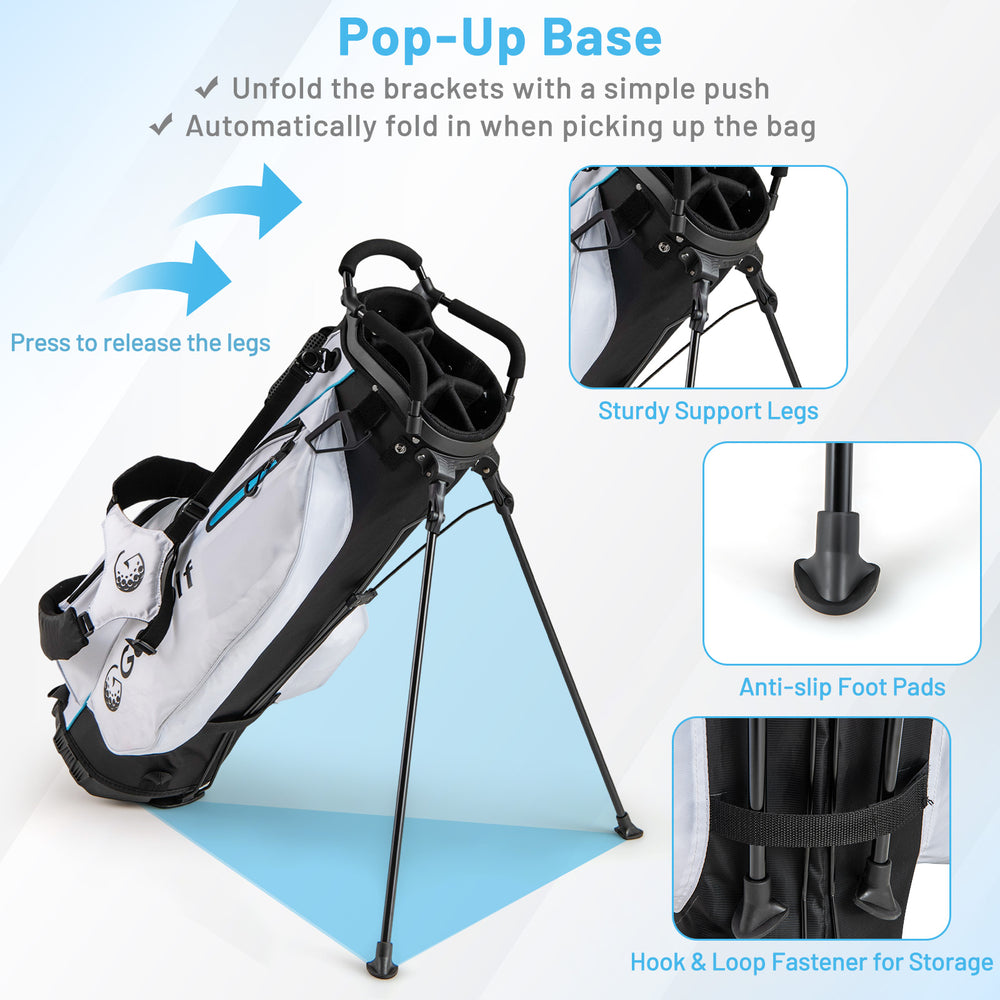 Pop-up base golf bag with sturdy support legs, anti-slip foot pads, and convenient storage for easy carrying.