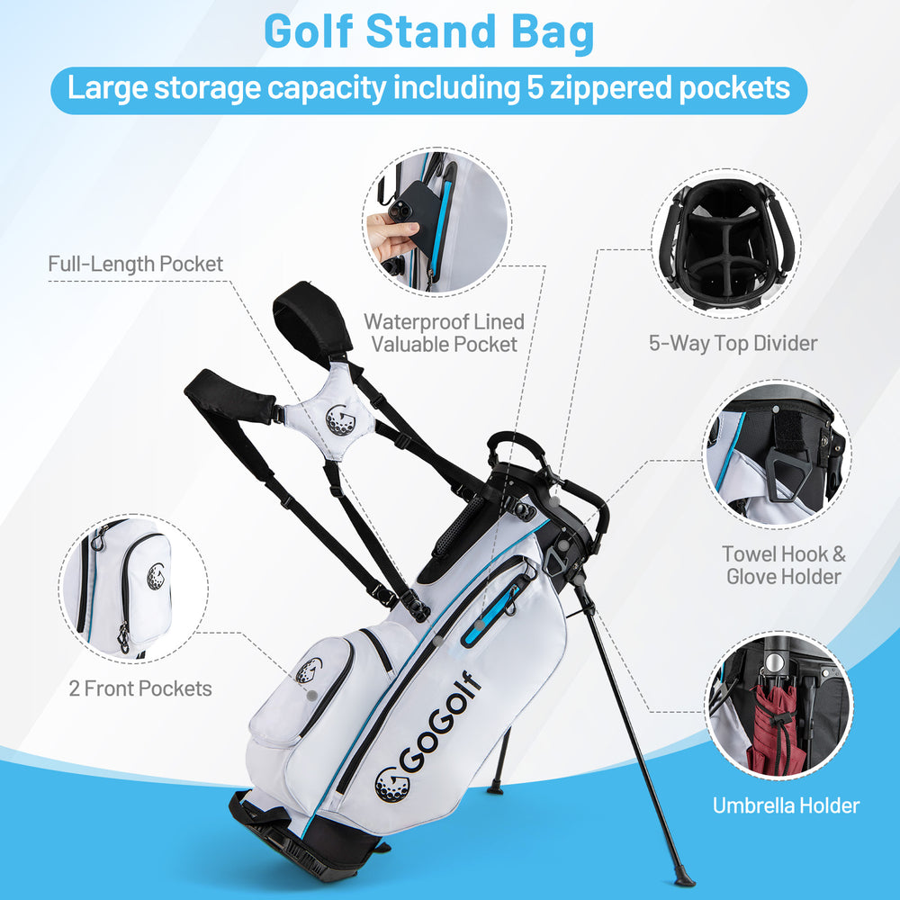 Men's golf stand bag in white with 5 zippered pockets, dual shoulder straps, and waterproof valuable pocket for easy.